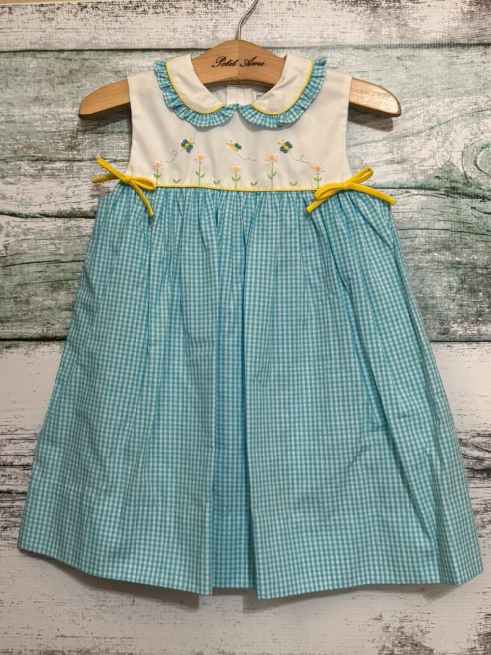 Petit Ami Turquoise Gingham Butterfly Embroidered Sundress & Bloomers 12 Months